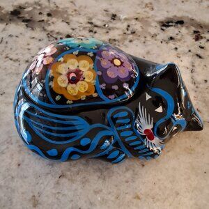 MEXICAN TALAVERA FOLK ART CAT FLOWERS CLAY POTTERY TRINKET BOX BLUE HANDPAINTED